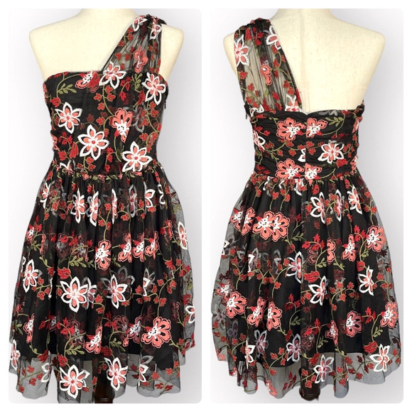 BCBGeneration One Shoulder Mini Dress Women Size 8 Multi Floral Embroidered Mesh - Picture 1 of 13